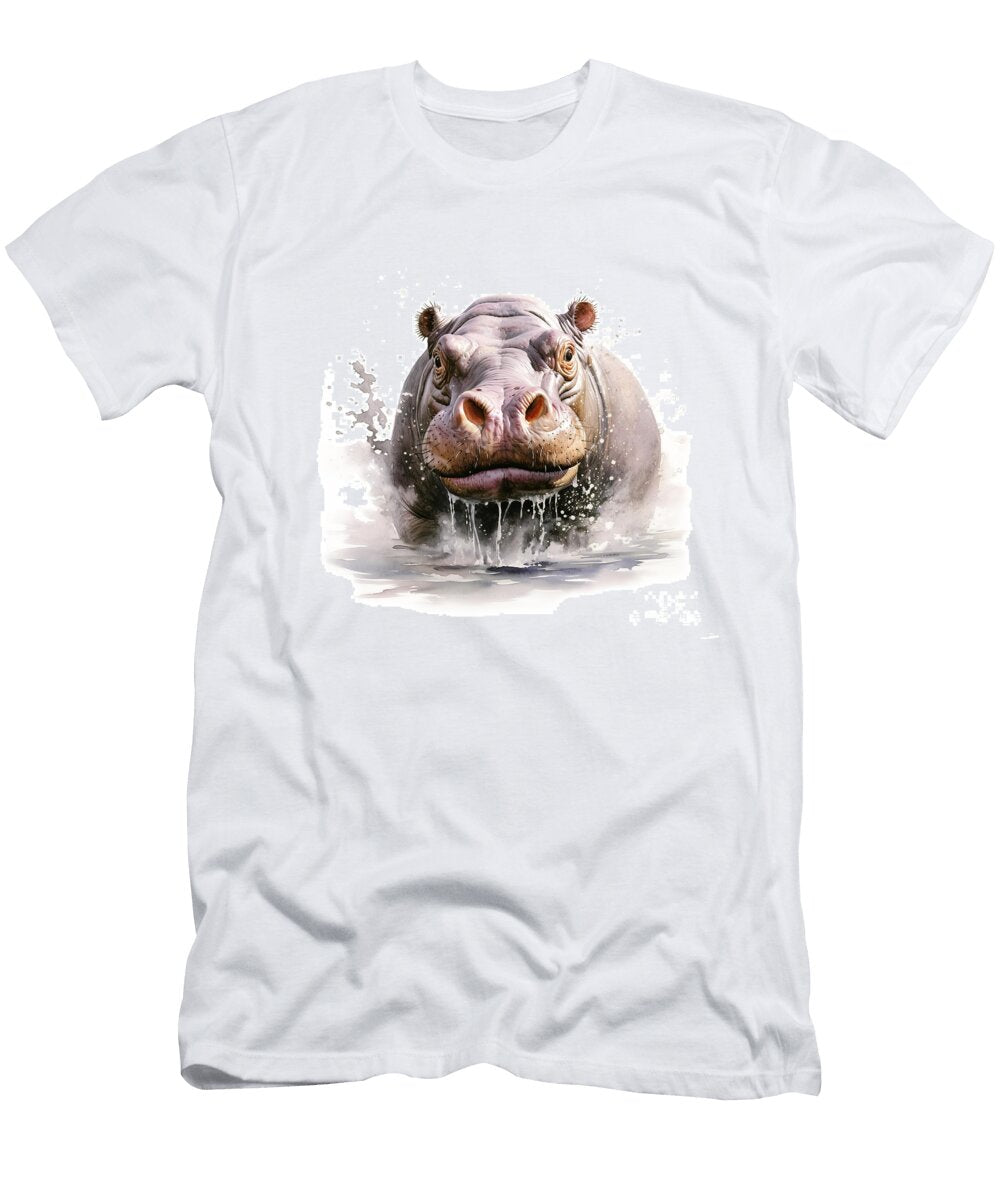 A Detailed and Lifelike Portrayal of a Hippopotamus with Water Droplets Cascading From Its Face Digital Watercolour on White Jane Rix T-Shirt