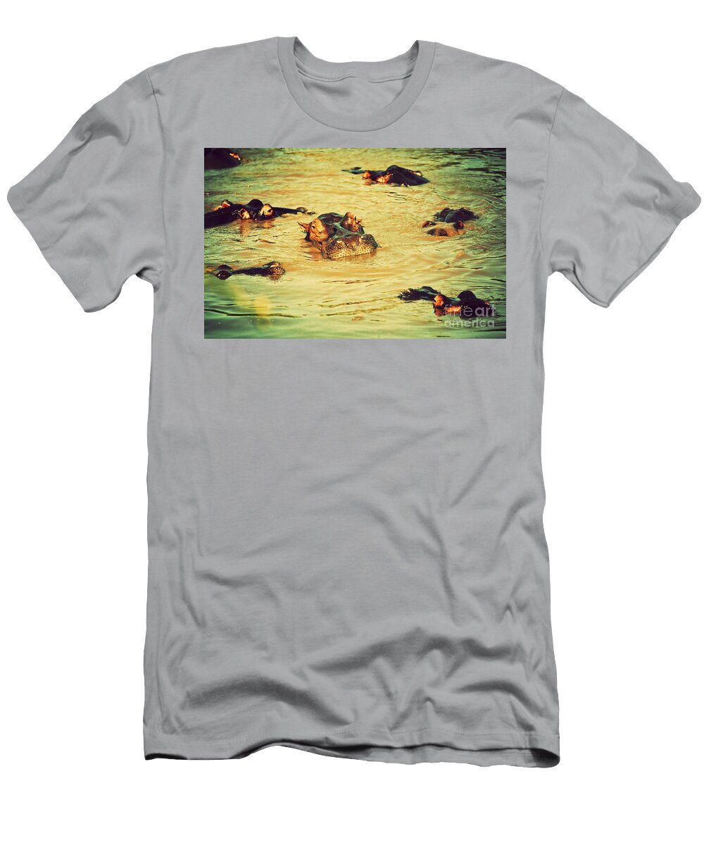 A Group of Hippos in a River Tanzania Michal Bednarek T-Shirt