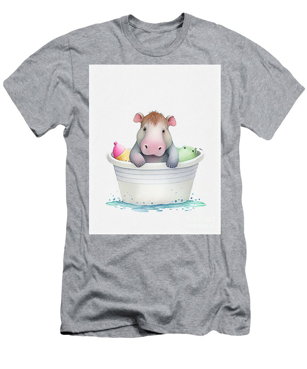 Cute Baby Hippopotamus in Bathub Watercolor Minimalist Jeff Brassard T-Shirt