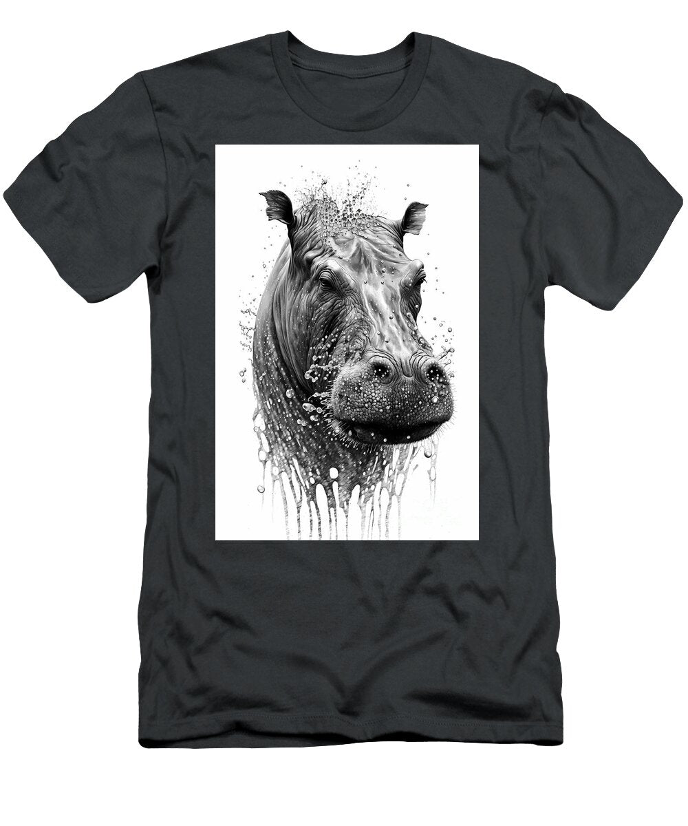 Hippopotamus Portrait Ink Drawing in Splash of Inked Black and White Animal Intricate Details Funnygiftscreation T-Shirt