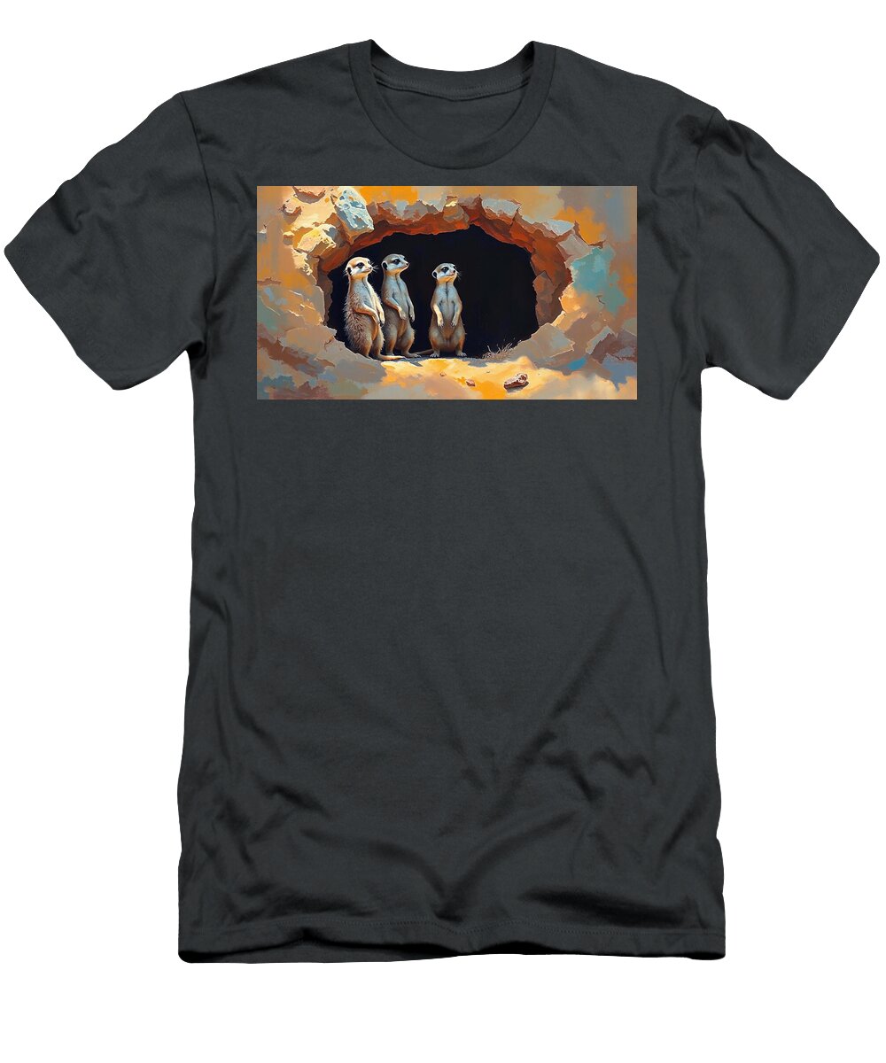 Three Curious Meerkats in a Burrow Meerkat Family Standing Guard Their Desert Burrow Arran Hooper T-Shirt