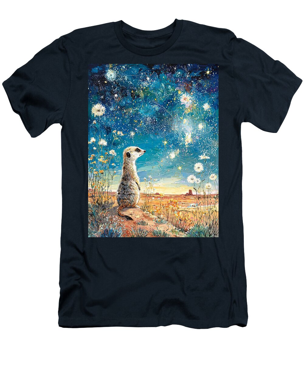 Wildlife Art Desert Animal Meerkat Standing Guard Starry Sky Elmer Powers T-Shirt